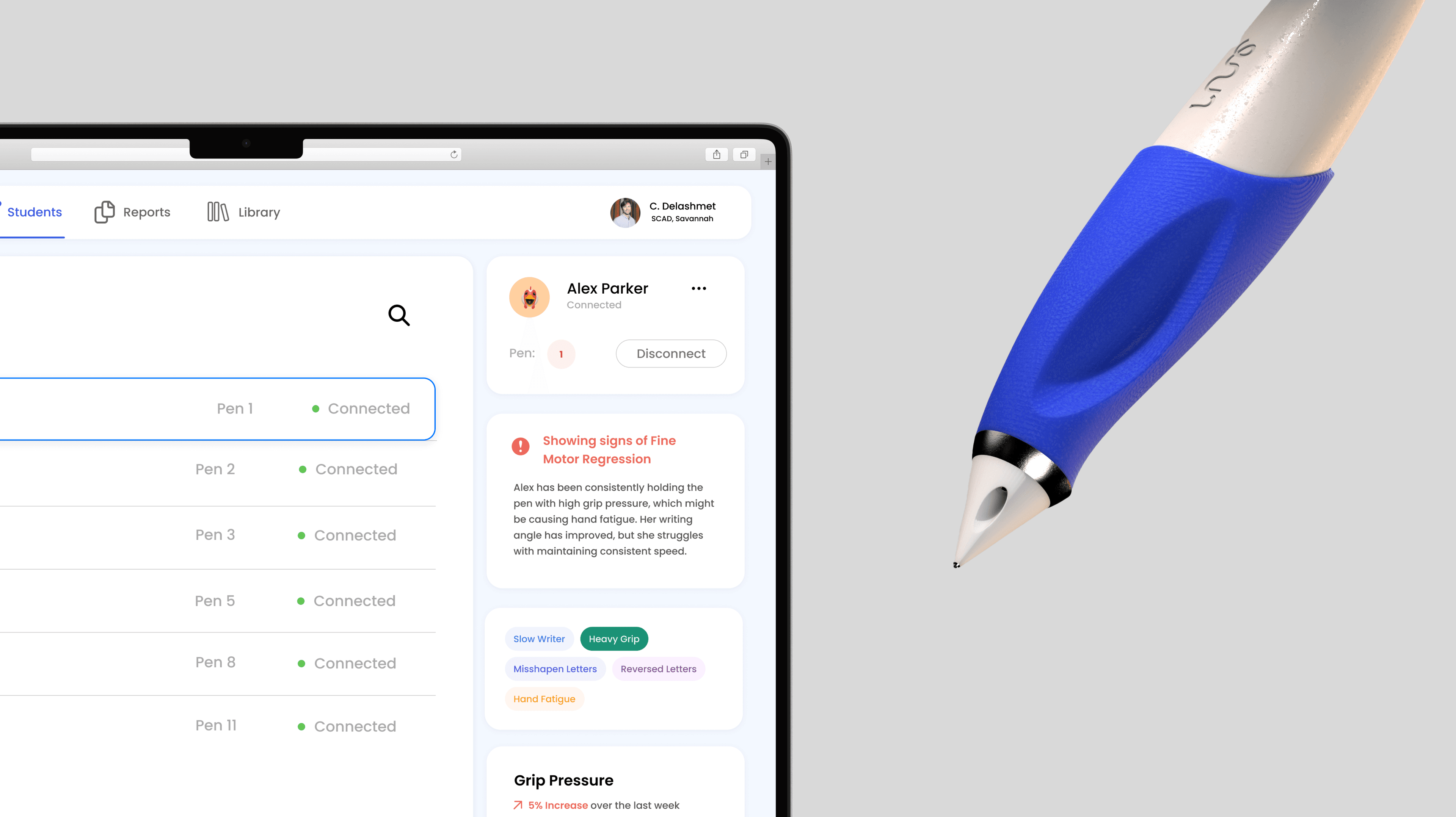 Rune desktop UI and closeup of Rune pen.